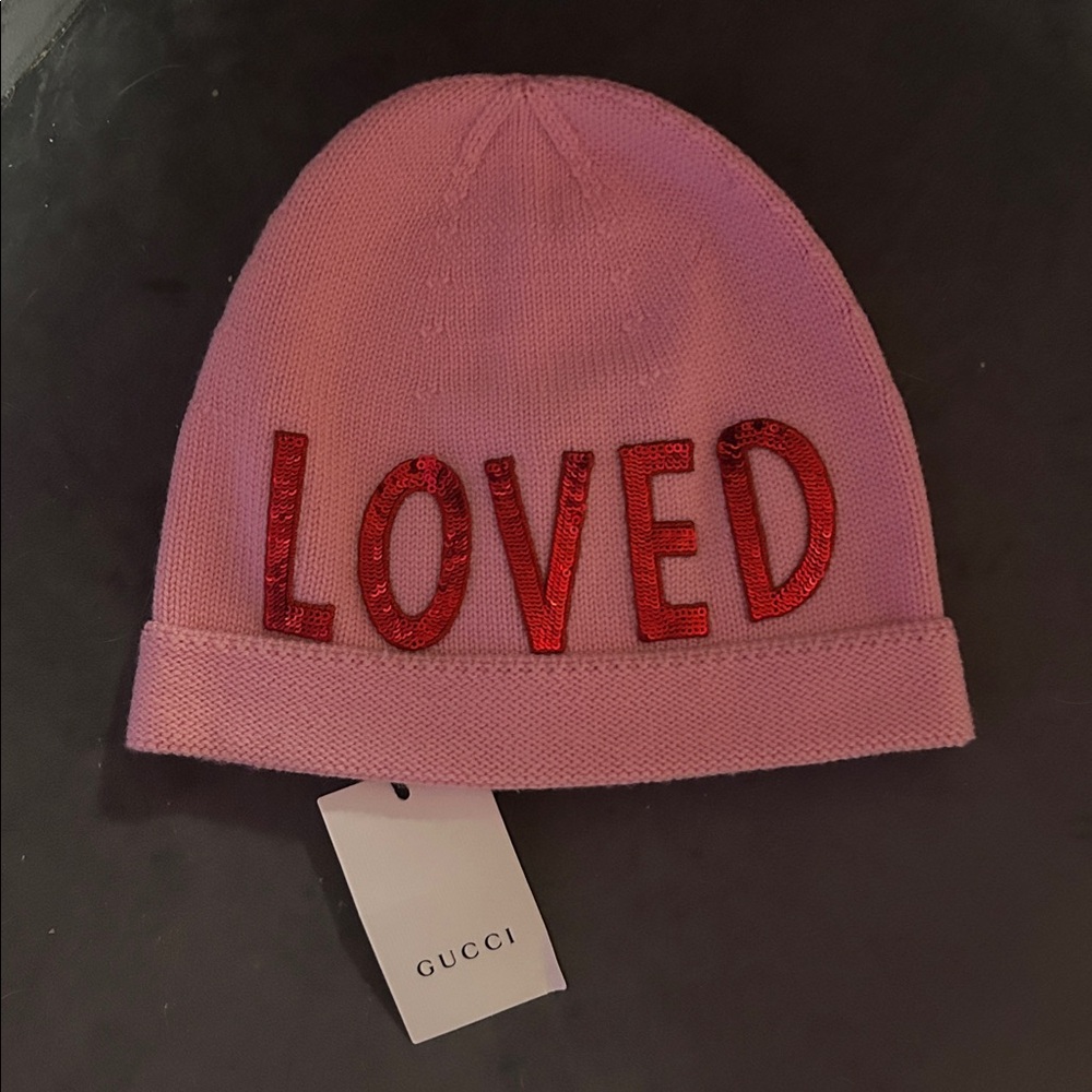 Gucci Pink Beanie with Red Embroidery Sequins *LOVED*